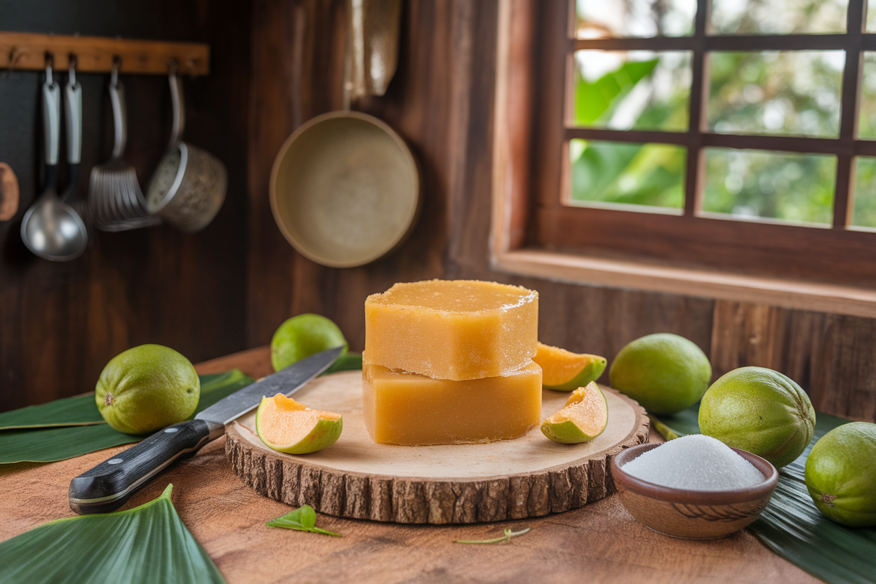 A block of homemade guava paste on a wooden board, accompanied by fresh guavas, a knife, and sugar in a rustic tropical kitchen setting.