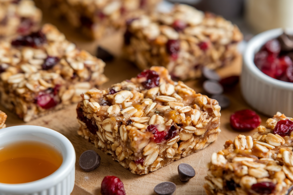 Homemade oat cereal snack bars with chocolate chips and cranberries.