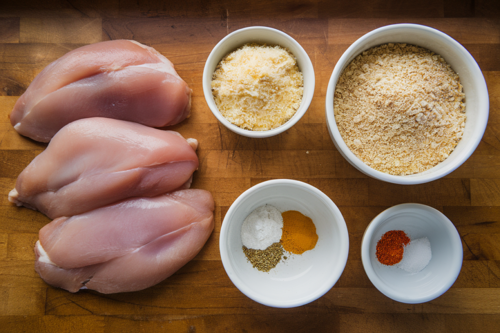 Fresh ingredients for Parmesan Crusted Chicken laid out on a kitchen counter.