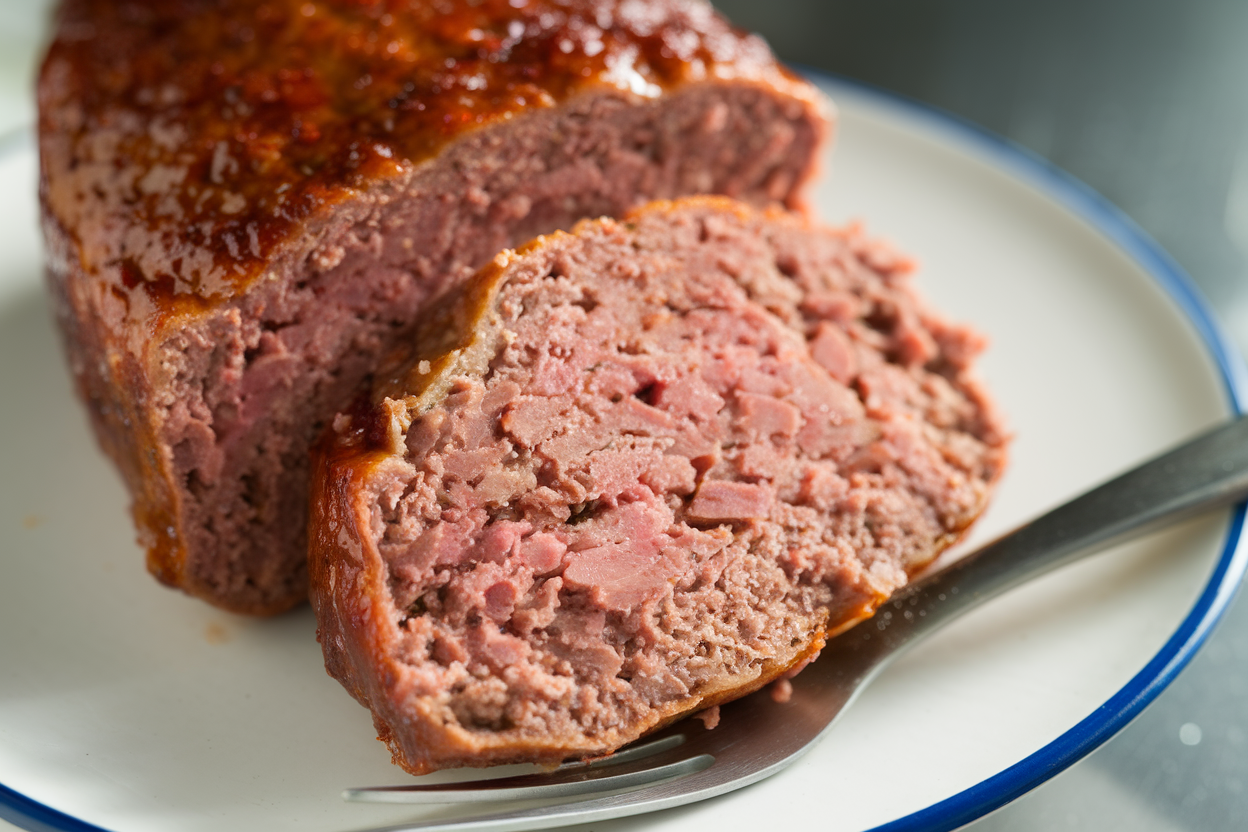 A slice of meatloaf with a pink center on a white plate.