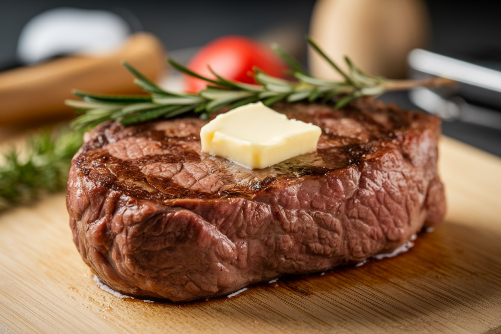 A perfectly cooked beef chuck eye steak on a wooden cutting board.