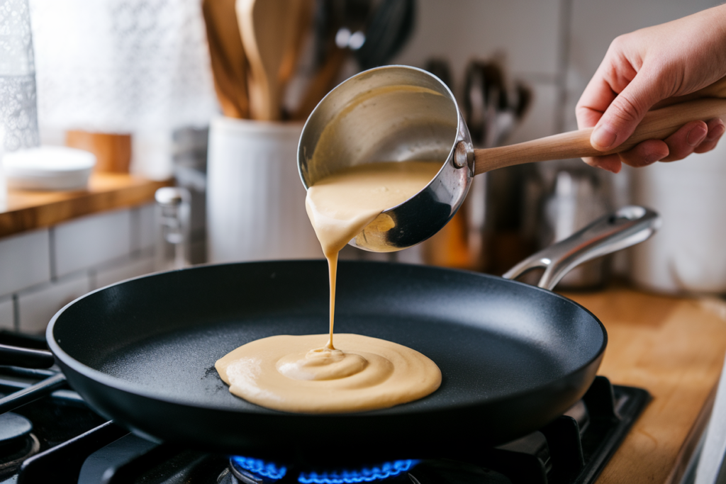  Batter being swirled in a crêpe pan with a wooden spreader.