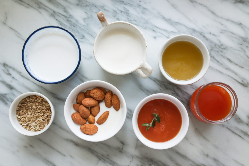 Bowls of potential milk substitutes, such as broth, almond milk, and tomato juice.