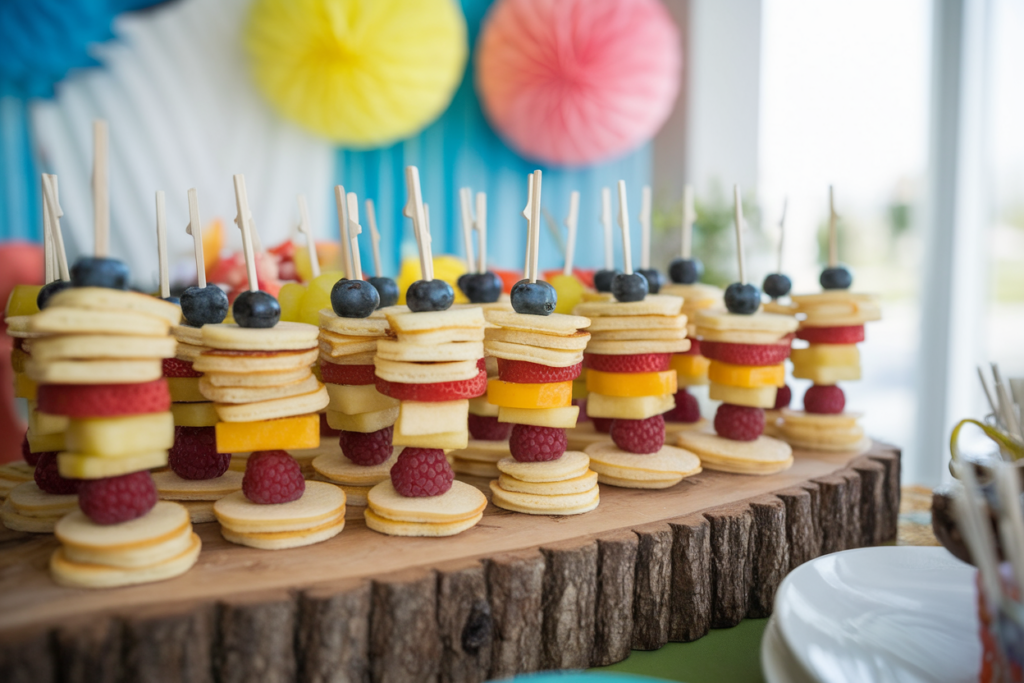 Skewers of mini pancakes with fruits like berries and bananas on a wooden board.