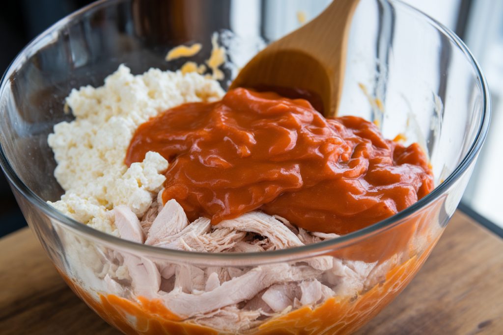 Mixing shredded chicken and blended cottage cheese in a bowl.