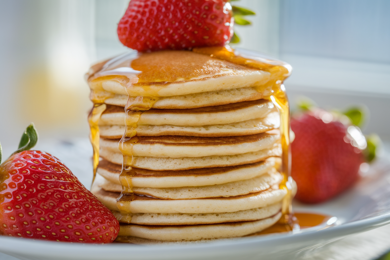 A stack of golden mini pancakes topped with strawberries and maple syrup on a white plate.