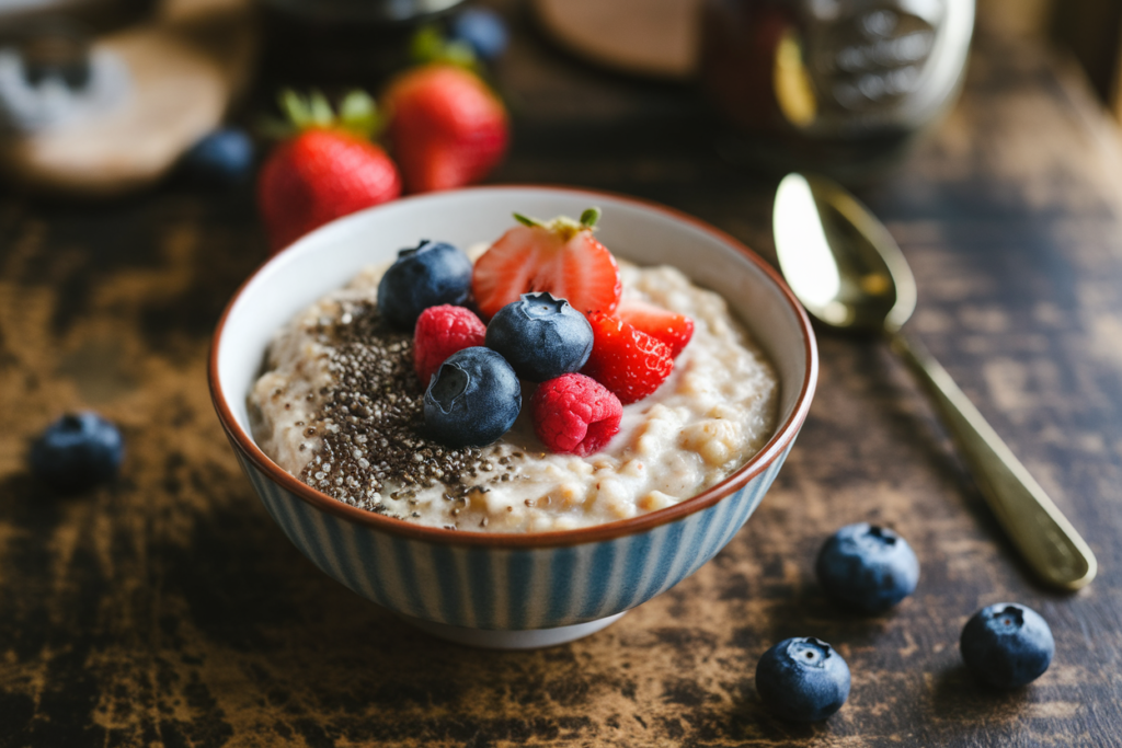 Bowl of oatmeal topped with fresh fruits and chia seeds.