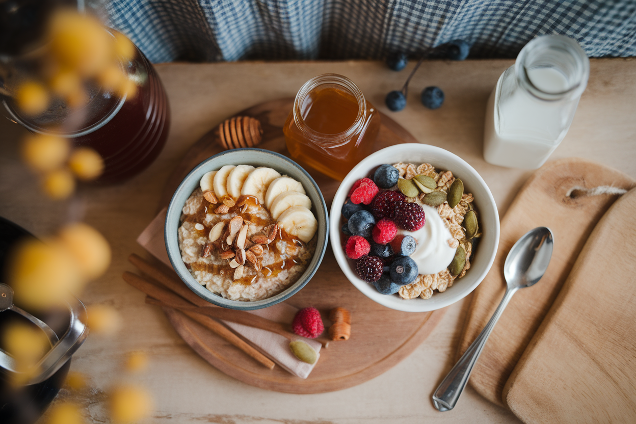 A side-by-side comparison of oatmeal and oat cereal bowls.