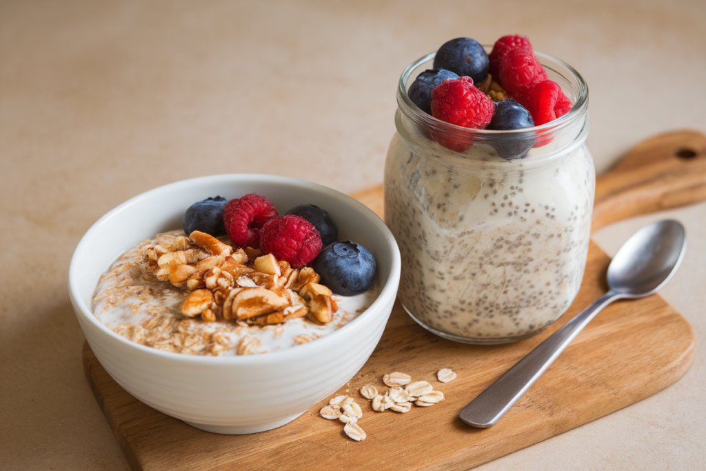 Overnight oats in a jar beside a bowl of oatmeal cereal