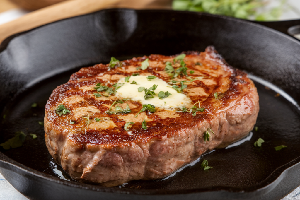 A pan-seared baseball steak in a cast-iron skillet with a crispy golden-brown crust. The steak is topped with melting butter and fresh herbs, adding a rich, flavorful touch to the dish. The sizzling sound and aroma of the steak create a mouthwatering visual.