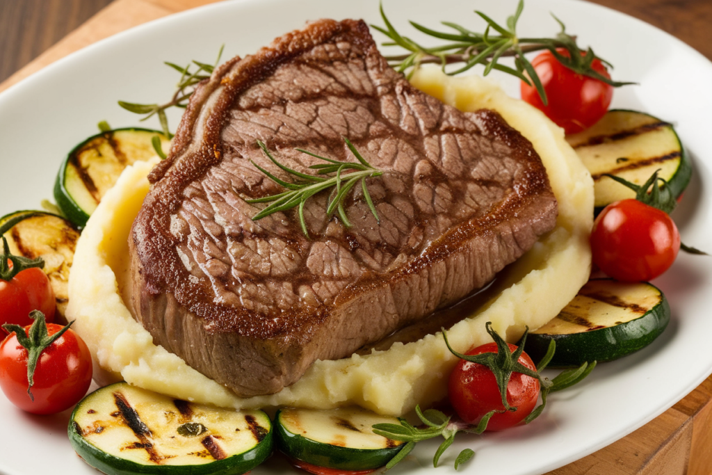 Pan-seared beef loin flat iron steak served with mashed potatoes and vegetables.