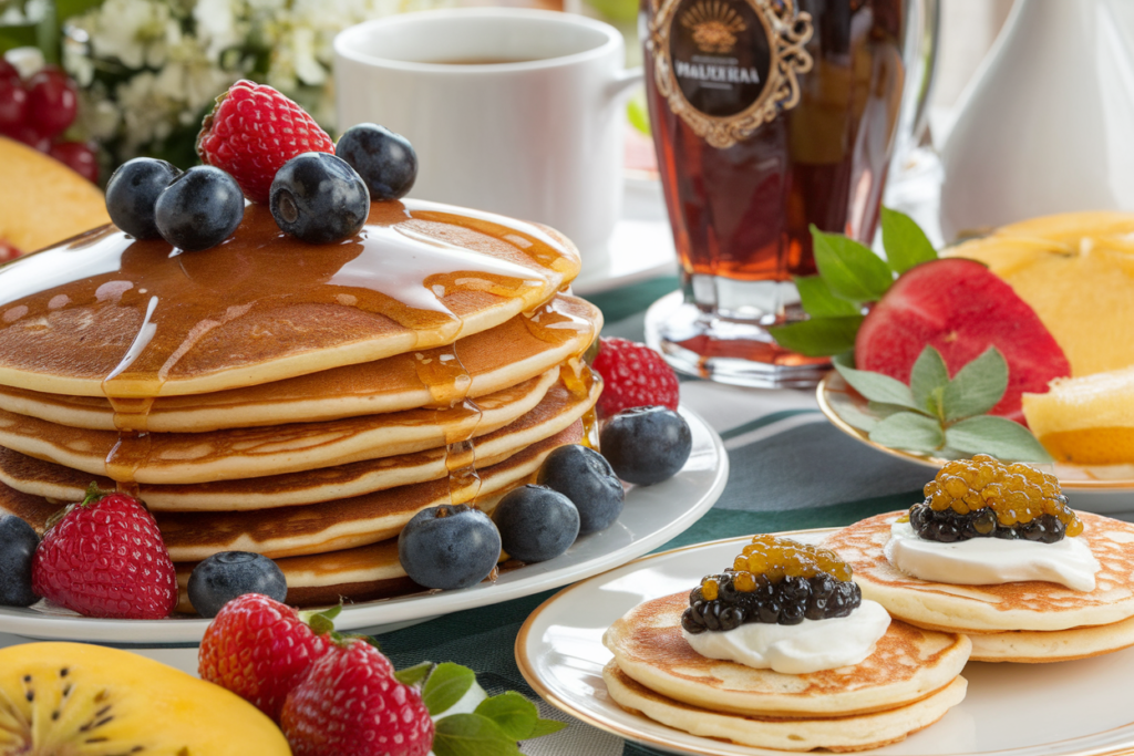 A festive table with pancakes for Shrove Tuesday celebrations and blinis arranged with toppings for a traditional Maslenitsa gathering.