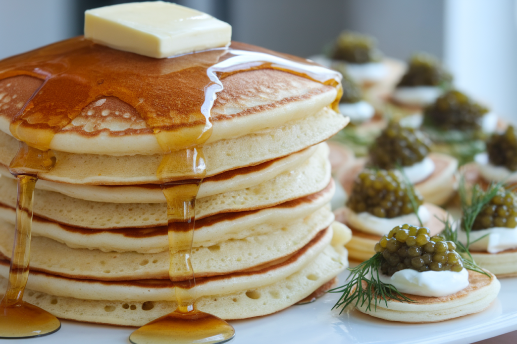 A table showcasing fluffy pancakes with syrup and a platter of blinis topped with caviar and sour cream, representing the differences between the two dishes.