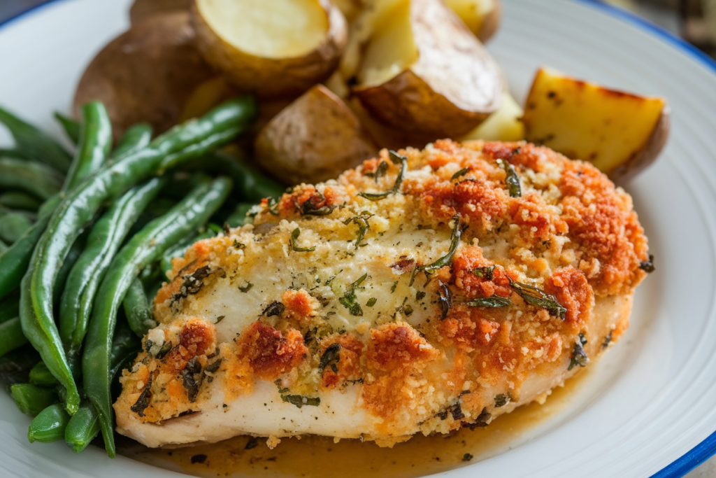 Parmesan Crusted Chicken served on a plate with a side of vegetables.