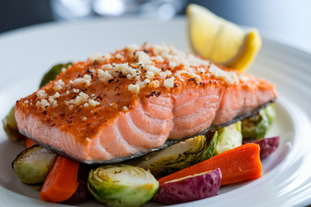 Parmesan-crusted salmon on a plate with vegetables