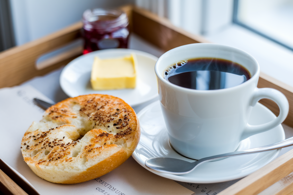 Coffee with a side of toasted salt bagel.