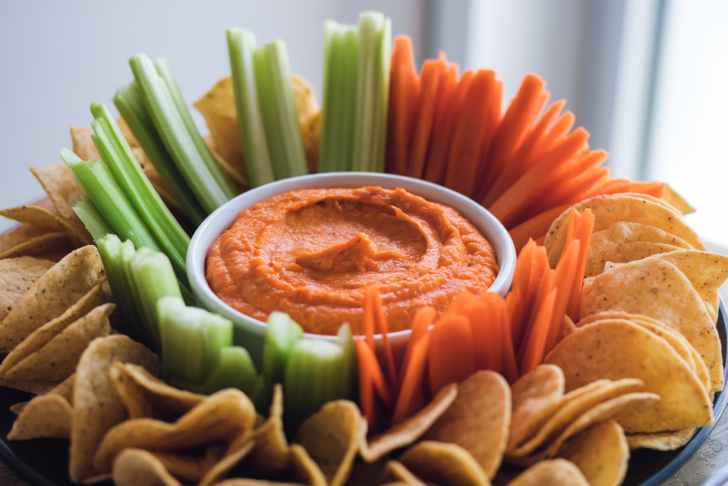 Veggies and chips served with buffalo dip.