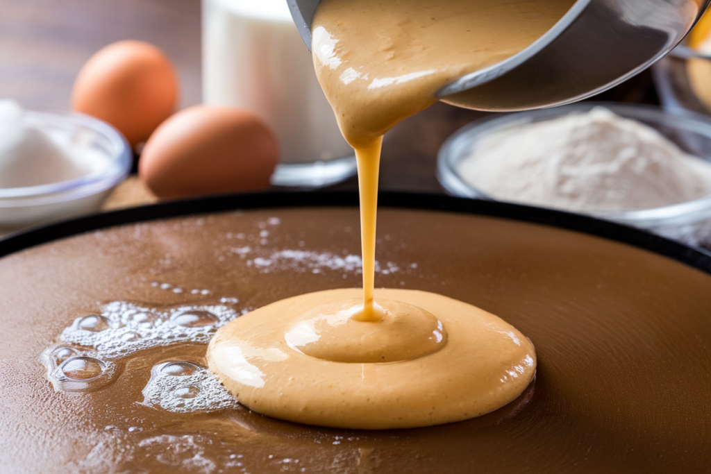 Pancake batter cooking on a griddle, with bubbles forming on the surface.