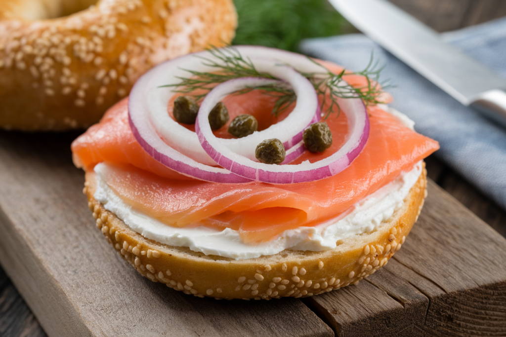 Salt bagel with cream cheese and smoked salmon.