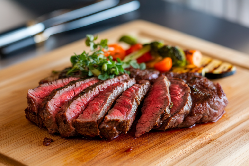 A perfectly cooked Bavette steak sliced thinly on a cutting board.