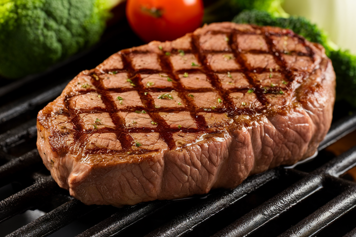 Close-up of a juicy and tender baseball steak on the grill with beautiful grill marks.