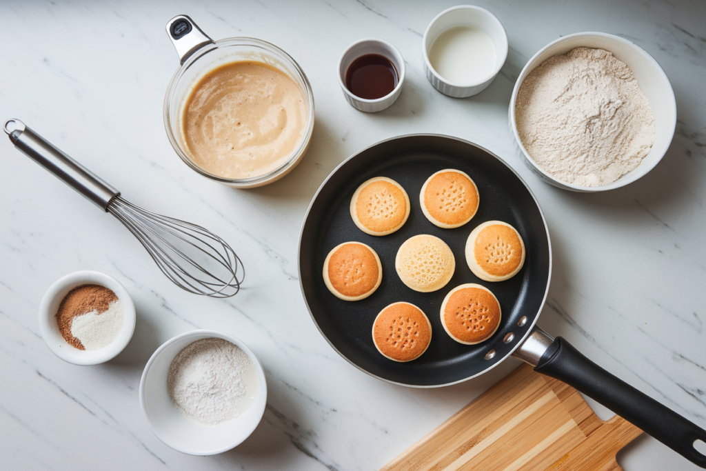 Ingredients and batter for mini pancakes on a kitchen counter with a whisk and a non-stick pan