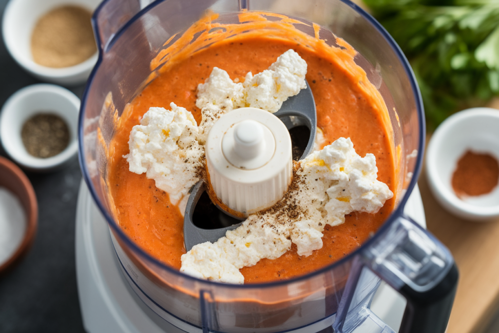 Step-by-step preparation of cottage cheese buffalo dip.