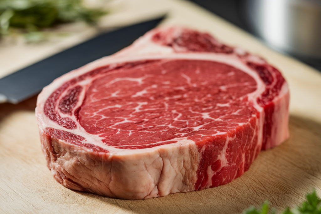 A close-up of a raw baseball steak cut, showing its marbling and tenderness, ready for cooking.