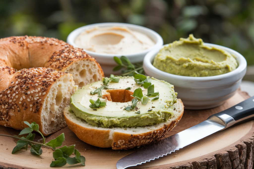 A sliced salt bagel with different spreads on a wooden board.