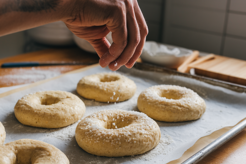 Bagels with Himalayan pink salt and sea salt arranged on a tray.