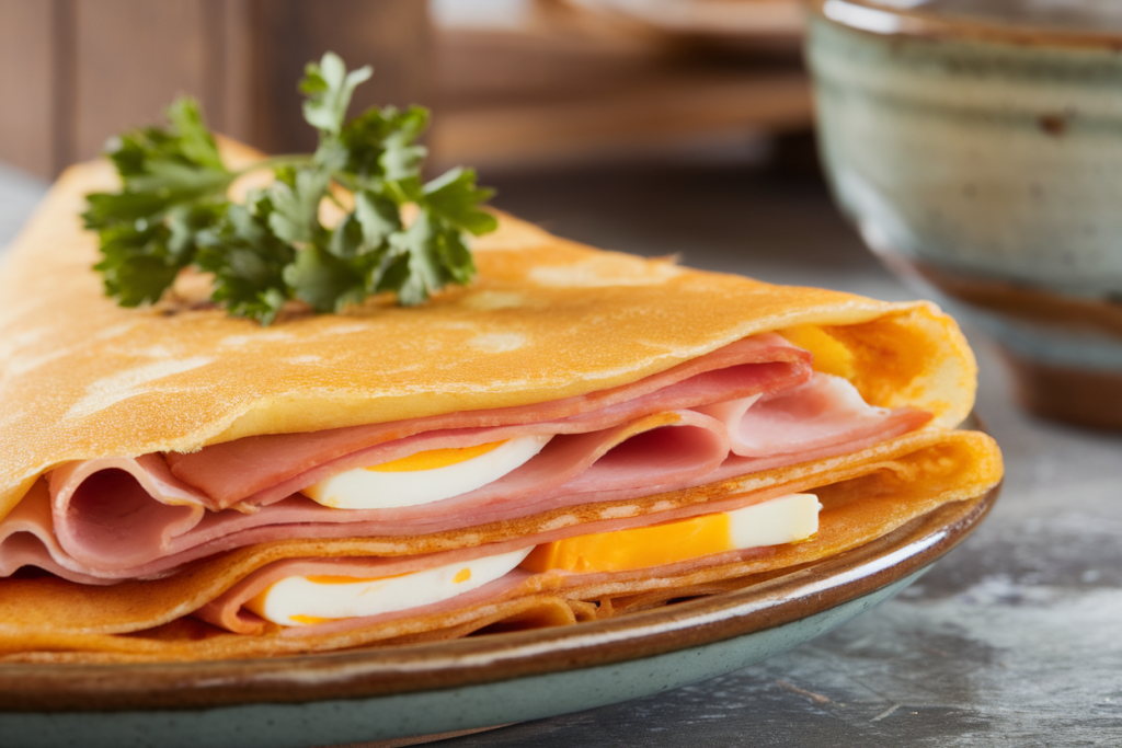 Savory skinny pancakes with ham, cheese, and egg, served with herbs