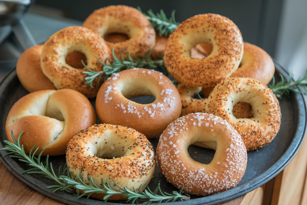 Artisan bagels topped with sea salt flakes.