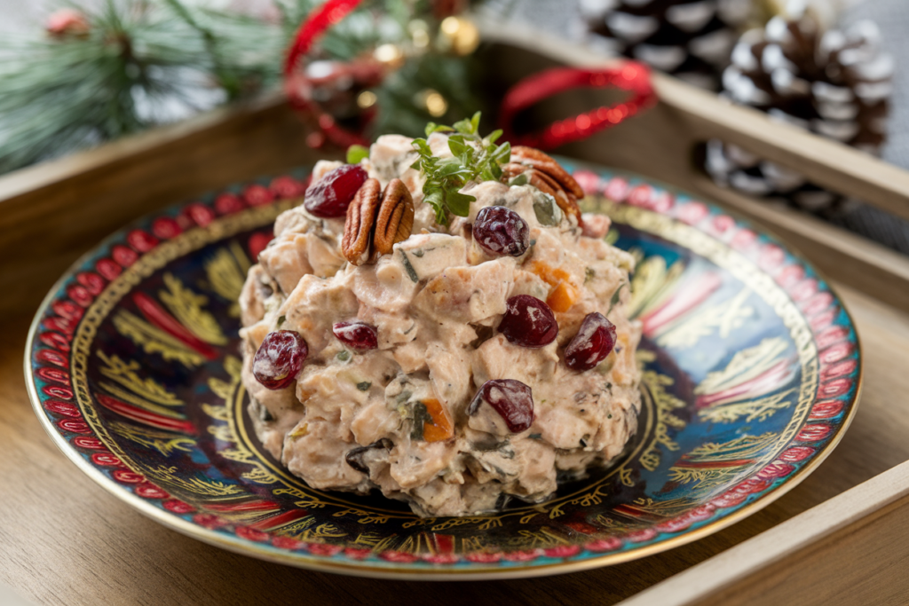 Seasonal chicken salad scoop with cranberries and pecans.