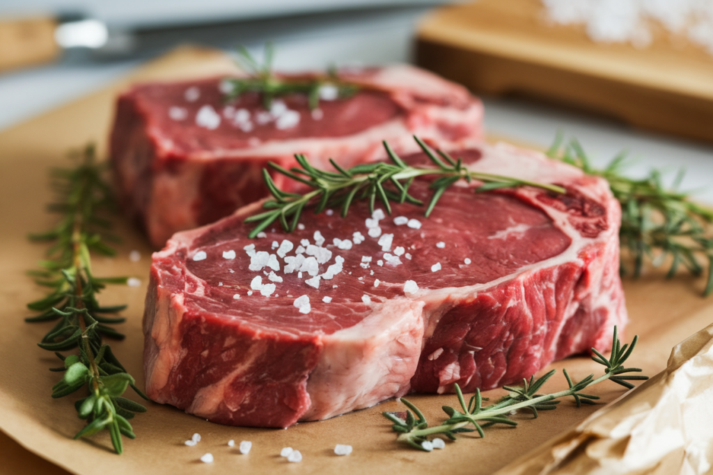 Fresh chuck eye steaks on butcher paper with herbs