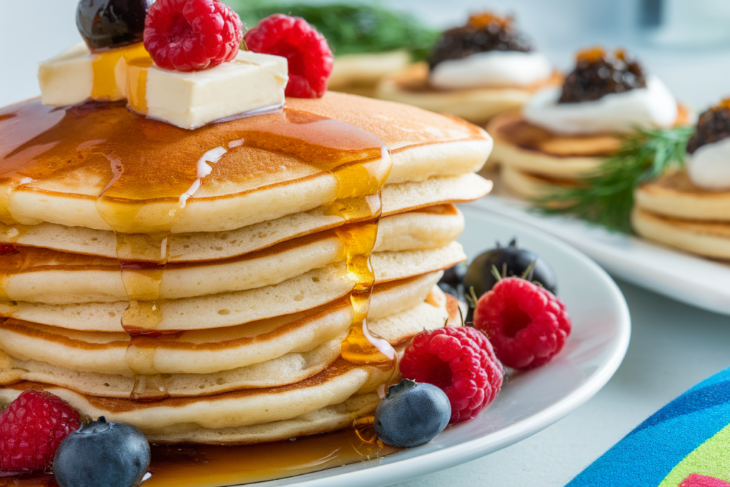 A stack of fluffy pancakes with syrup and fresh berries alongside neatly arranged blinis topped with caviar and garnishes on a platter