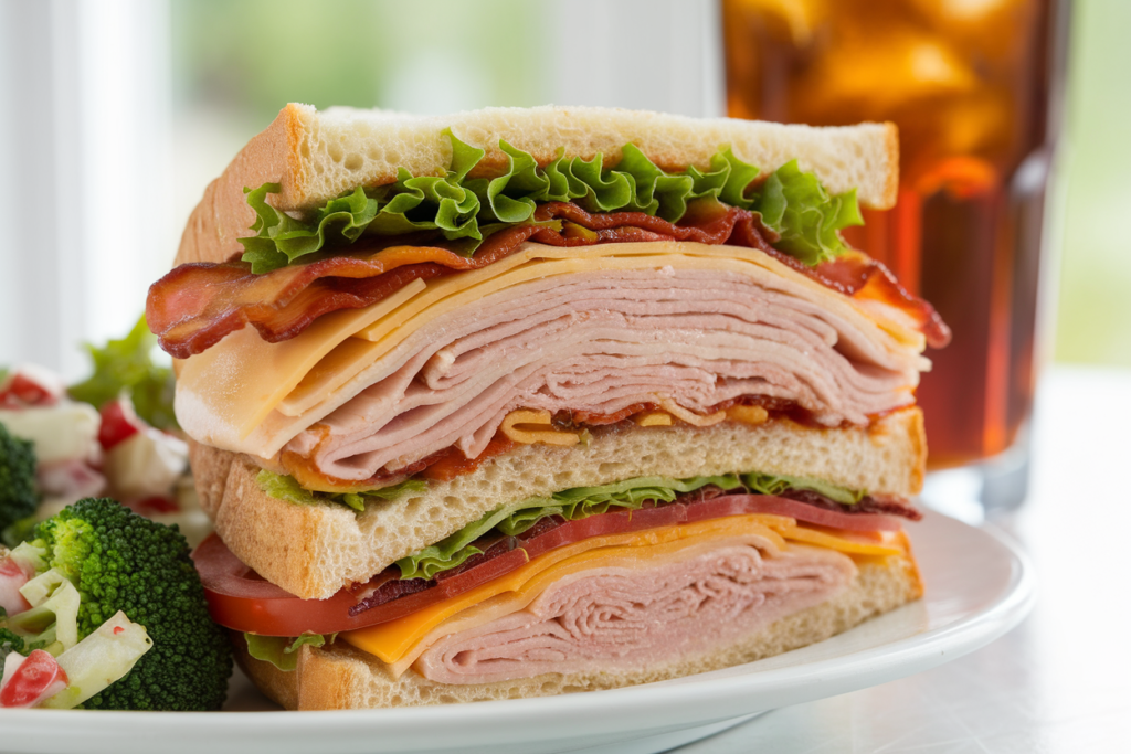 A Turkey Club sandwich served with a side of broccoli salad and iced tea.