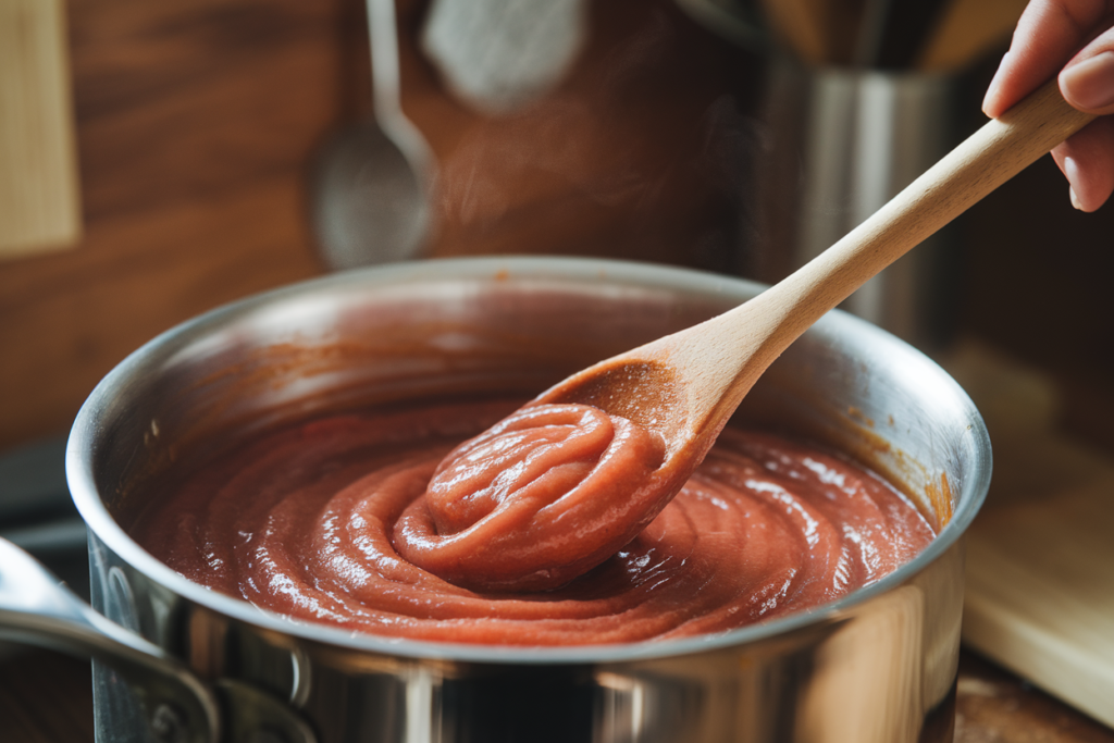 Thickened guava paste being stirred in a pot with a wooden spoon, showing its glossy and rich texture.