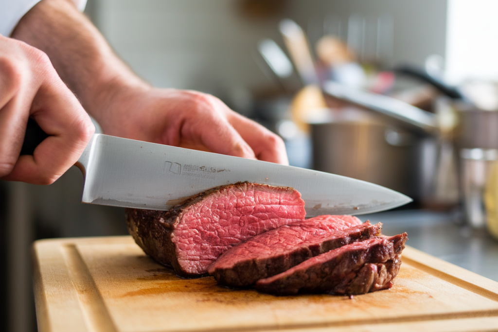 A chef slicing Bavette steak against the grain.