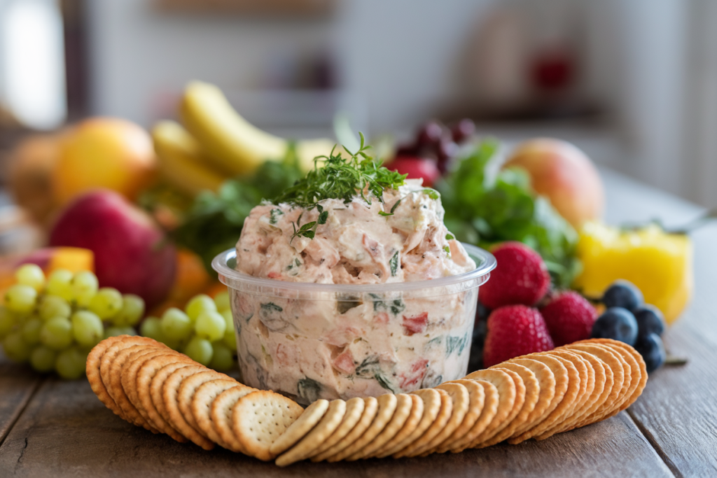 A small container of Chicken Salad Chick chicken salad with crackers.