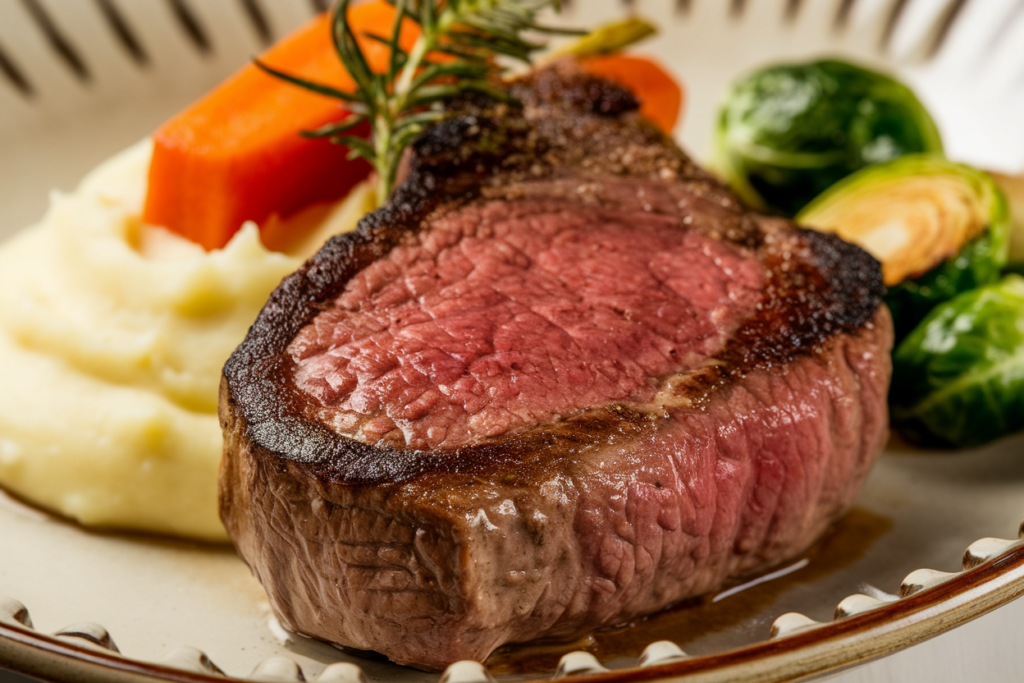 Chuck eye steak served with mashed potatoes and roasted vegetables.