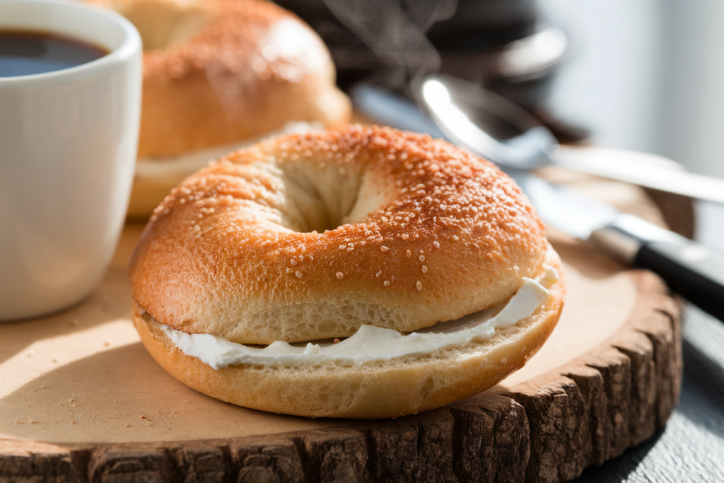 A fresh bagel with cream cheese and a side of coffee