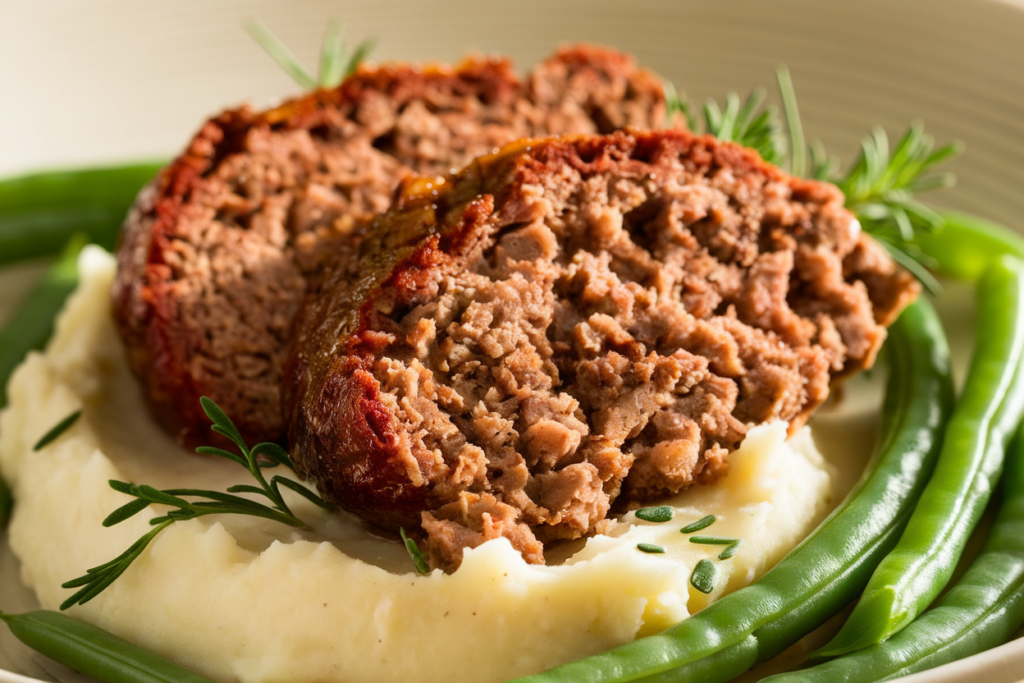 A perfect slice of meatloaf served with mashed potatoes and green beans.