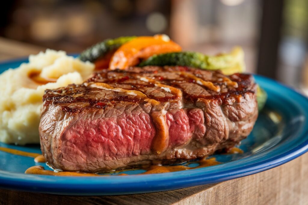 A beautifully plated baseball steak served with creamy mashed potatoes, grilled vegetables, and a drizzle of sauce. The vibrant colors and presentation make this dish look inviting and sophisticated, perfect for a hearty and satisfying meal.