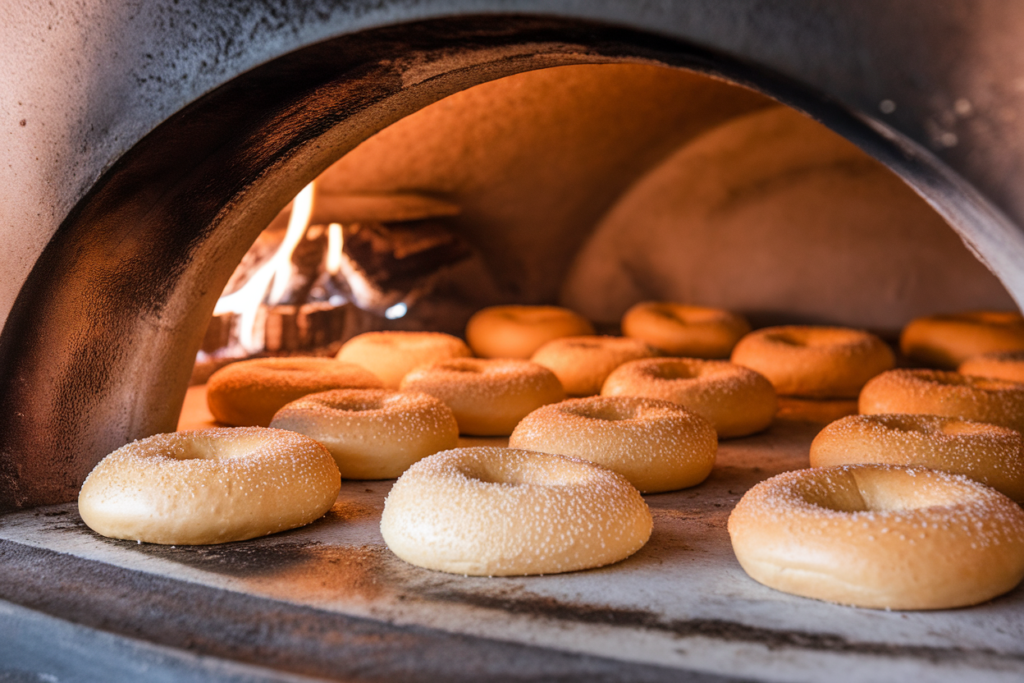 Traditional bagel baking in an old-fashioned wood-fired oven.