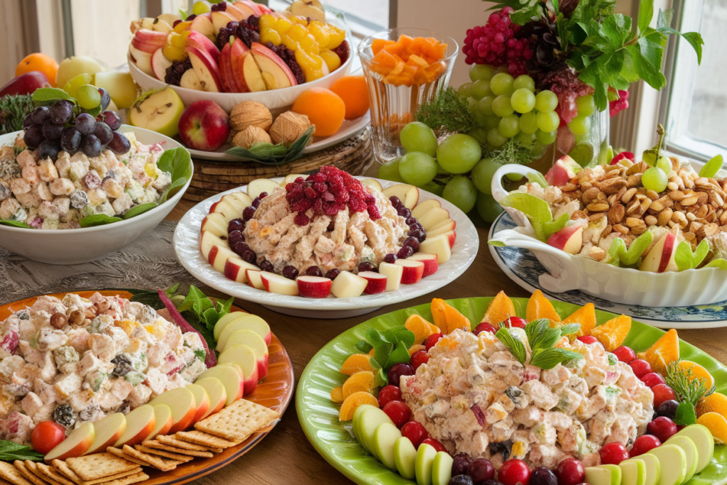 A variety of chicken salad dishes with fruits, nuts, and crackers on a wooden table.