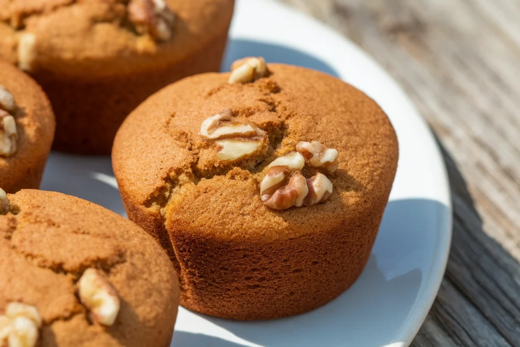 A tray of golden-brown gluten-free banana bread muffins cooling on a wire rack, showcasing their moist texture and fluffy tops, with a few overripe bananas in the background