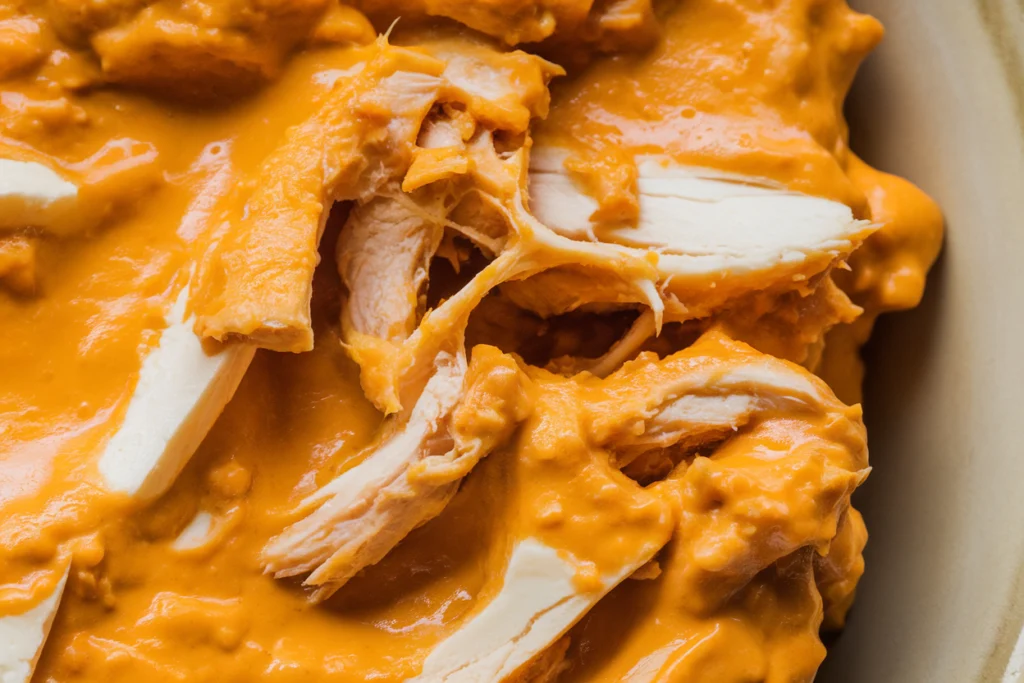 A bowl of Buffalo chicken dip garnished with green onions, served with tortilla chips on the side.