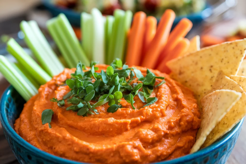 Vegan Buffalo dip with celery sticks and chips