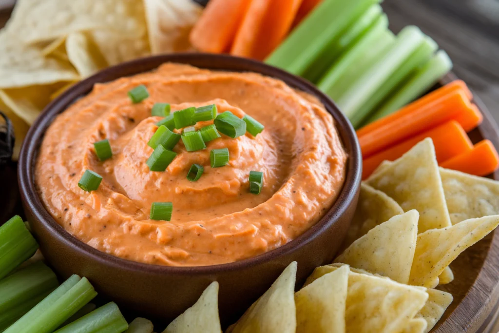 A bowl of Buffalo chicken dip surrounded by tortilla chips and celery sticks.