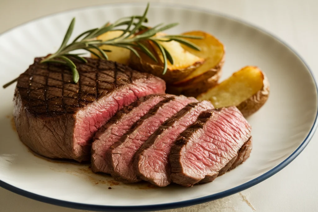 Sliced Bavette Steak on a plate with a side of roasted potatoes